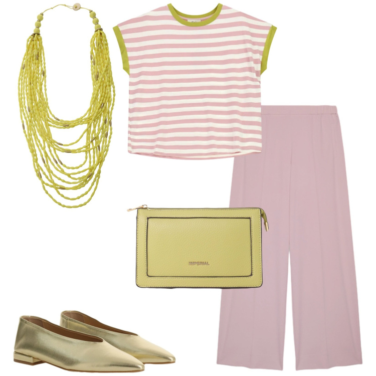 Outfit donna - Total look #2444468. Stile Casual chic per Tutti i giorni. Abbinamento con ballerine, top, collane, borse a tracolla, pantaloni.