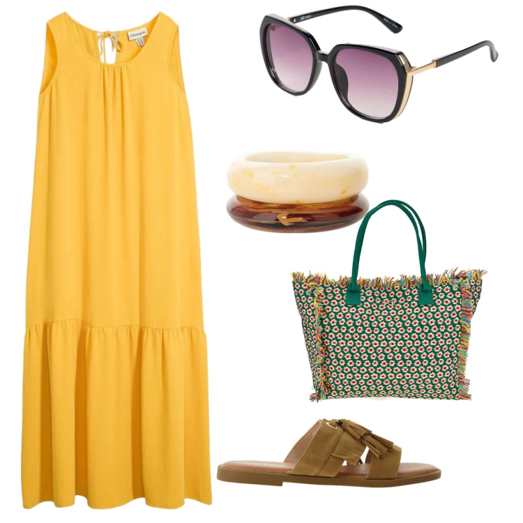 Outfit donna - Giallo ad agosto. per Tutti i giorni. Abbinamento con occhiali da sole, vestiti lunghi, braccialetti, sandali, shopping bag.