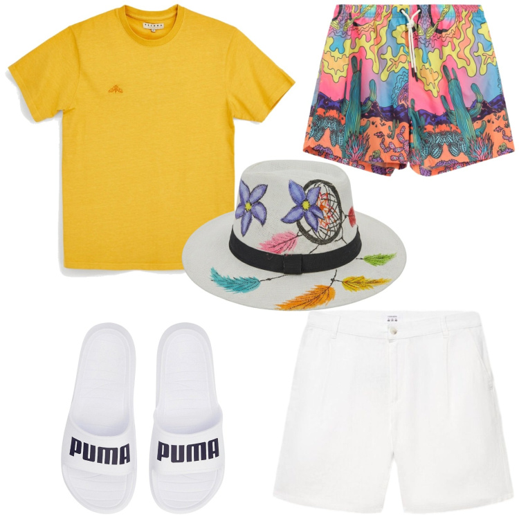 Outfit uomo - Total look #2444471. Stile Trendy per Mare. Abbinamento con pantaloni corti, costumi, sandali, t-shirt, cappelli.