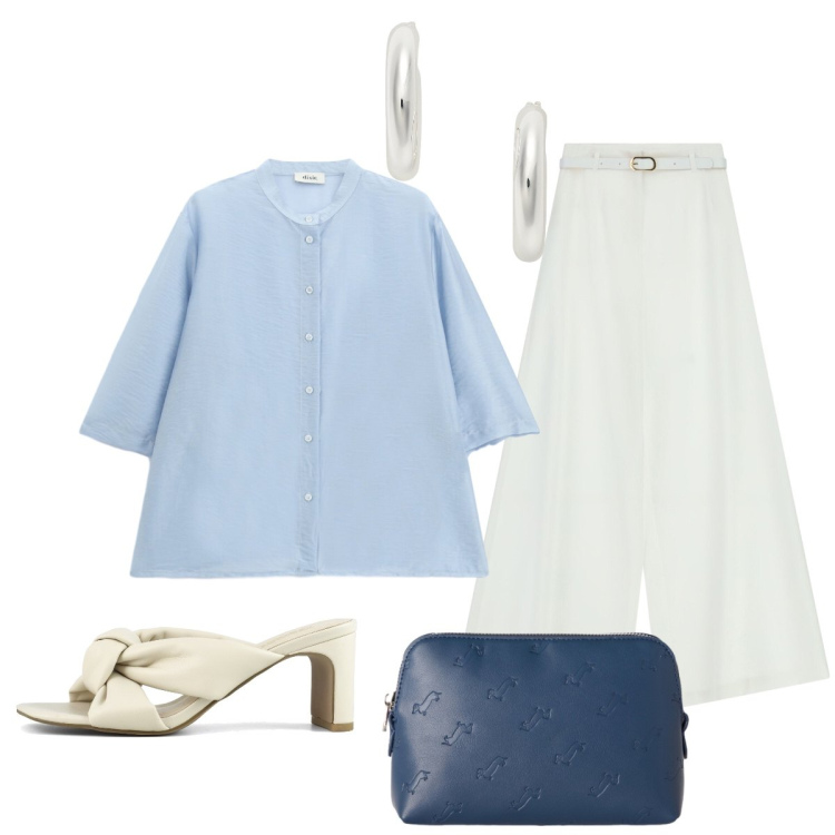 Outfit donna - Delicatezza ed eleganza. Stile Chic per Tutti i giorni. Abbinamento con pochette, camicie, pantaloni a palazzo, orecchini, sandali col tacco.