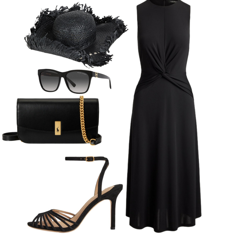 Outfit donna - Black. Stile Chic per Tutti i giorni. Abbinamento con cappelli, vestiti senza maniche, occhiali da sole, clutch, sandali col tacco.