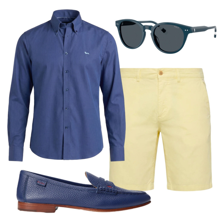 Outfit uomo - Total look #2444485. Stile Trendy per Serata speciale. Abbinamento con bermuda, camicie, occhiali da sole, scarpe stringate.