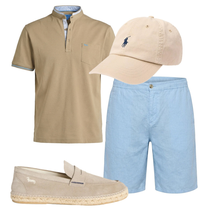 Outfit uomo - Total look #2444487. Stile Casual per Tutti i giorni. Abbinamento con polo, espadrillas, bermuda, cappelli con visiera.