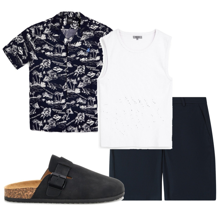 Outfit uomo - Total look #2444495. Stile Trendy per Tutti i giorni. Abbinamento con pantaloni corti, camicie a manica corta, canottiere, sandali.
