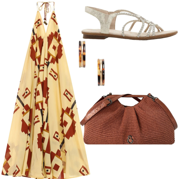 Outfit donna - Vacanze in arrivo. Stile Glamour per Tutti i giorni. Abbinamento con sandali, vestiti lunghi, orecchini, clutch.