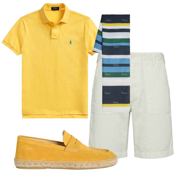Outfit uomo - Total look #2444523. Stile Trendy per Tutti i giorni. Abbinamento con bermuda, espadrillas, sciarpe, polo.