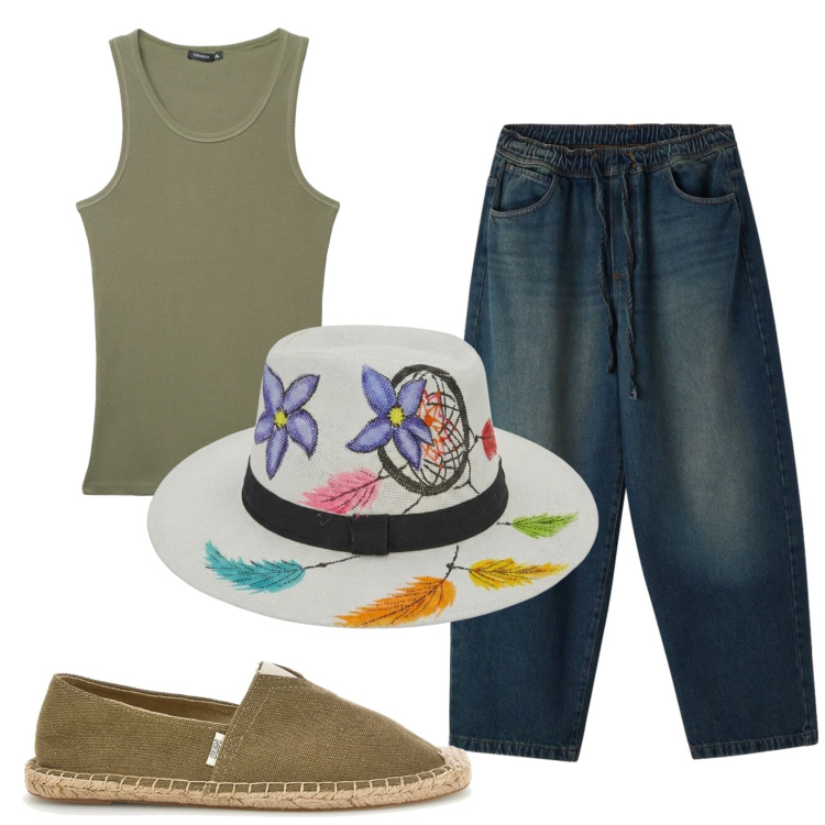 Outfit uomo - Total look #2444535. Stile Trendy per Tutti i giorni. Abbinamento con canottiere, jeans, espadrillas, cappelli.