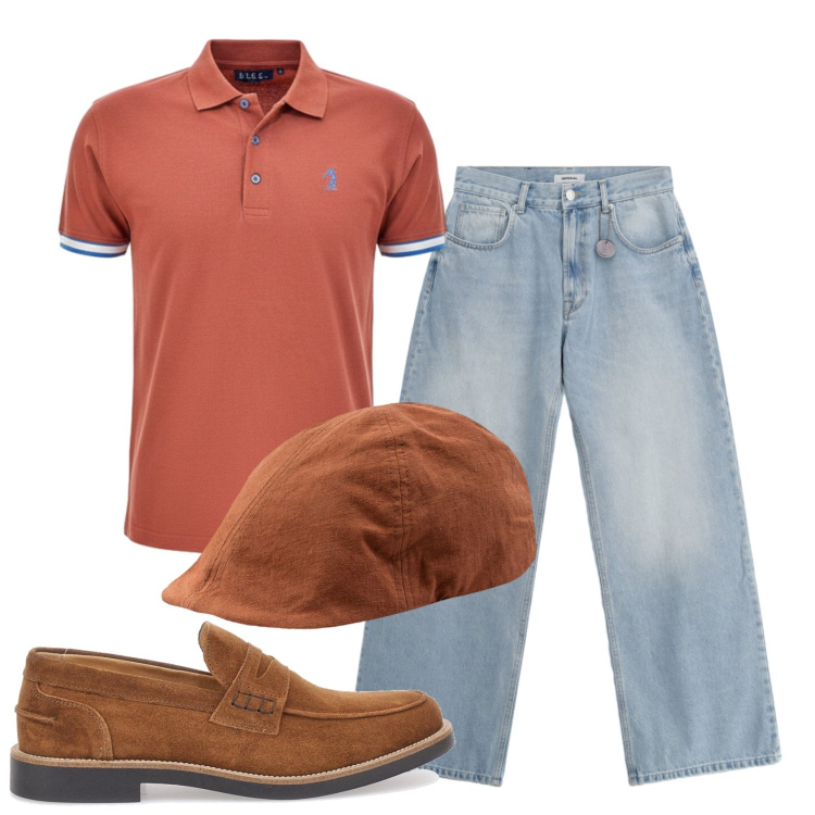 Outfit uomo - Total look #2444543. Stile Trendy per Tutti i giorni. Abbinamento con jeans, cappelli con visiera, scarpe stringate, polo.