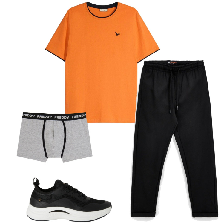Outfit uomo - Total look #2444544. Stile Urban per Sport. Abbinamento con t-shirt, sneakers, boxer, pantaloni.