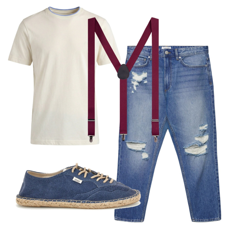 Outfit uomo - Total look #2444545. Stile Urban per Tutti i giorni. Abbinamento con t-shirt, jeans strappati, bretelle, espadrillas.