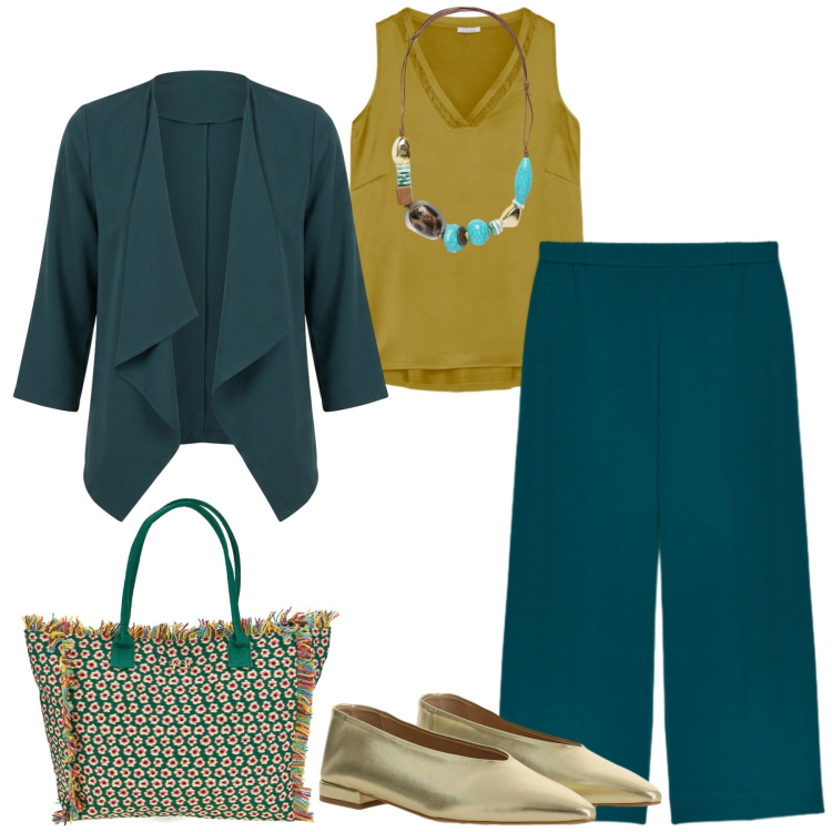 Outfit donna - Total look #2444552. Stile Chic per Ufficio. Abbinamento con ballerine, blazer, top, pantaloni, collane, shopping bag.