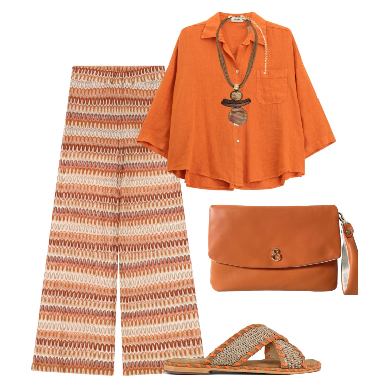 Outfit donna - Luminosa in città. Stile Trendy per Tutti i giorni. Abbinamento con pantaloni a palazzo, camicie, ciondoli, pochette, ciabatte.