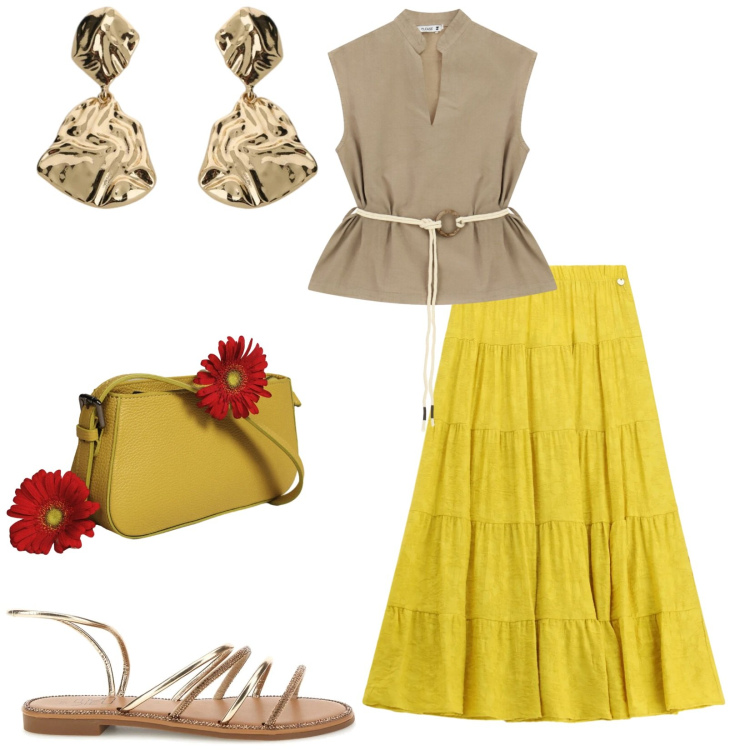 Outfit donna - Total look #2444554. Stile Etnico per Tutti i giorni. Abbinamento con camicie, borse a spalla, orecchini, gonne lunghe, sandali.