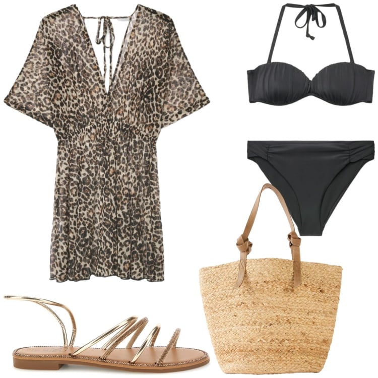 Outfit donna - Beach please. Stile Trendy per Mare. Abbinamento con shopping bag, caftani, bikini, bikini, sandali.