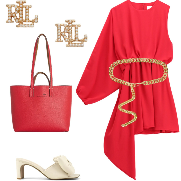 Outfit donna - Total look #2444558. Stile Glamour per Serata fuori. Abbinamento con shopping bag, vestiti asimmetrici, cinture, orecchini, sandali col tacco.