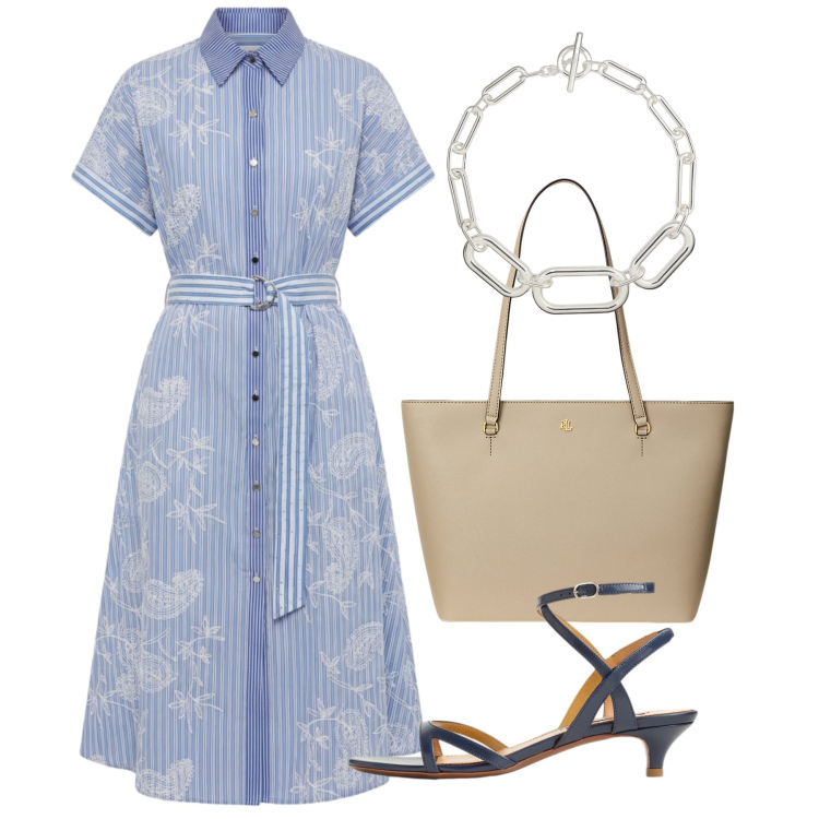Outfit donna - Ufficio. Stile Bon Ton per Ufficio. Abbinamento con vestiti chemisier, borse tote, sandali col tacco, collane.