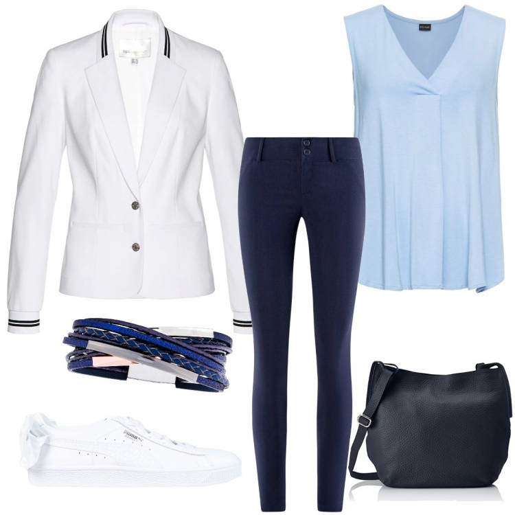 Outfit donna - Bianco blu azzurro. Stile Basic per Tutti i giorni. Abbinamento con top, blazer a coste, bracciale, sneakers, pantalone elasticizzato blu, shopping bag blu.