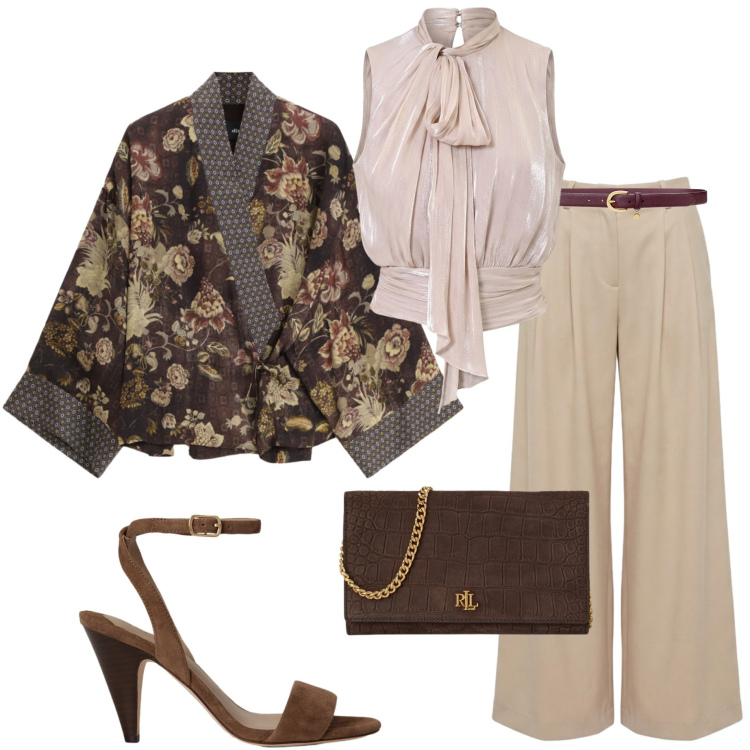 Outfit donna - Caftani e kimono. Stile Chic per Cerimonia. Abbinamento con pantaloni, kimono, top, cinture, sandali in pelle, borse a tracolla.