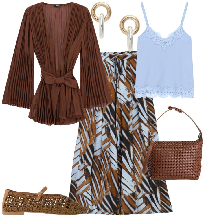 Outfit donna - Casual chic serata evento. Stile Casual chic per Serata fuori. Abbinamento con borse a spalla, top, blazer, ballerine, pantaloni a palazzo, orecchini.