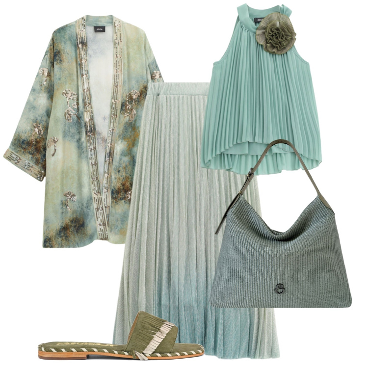 Outfit donna - Elisendra: evento in giardino. Stile Chic per Serata fuori. Abbinamento con top, gonne lunghe, blazer, borse a spalla, ciabatte.