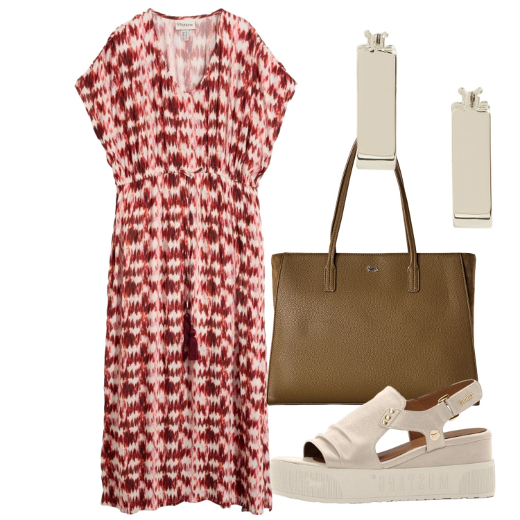 Outfit donna - Print. Stile Bon Ton per Tutti i giorni. Abbinamento con vestiti lunghi, sandali, shopping bag, orecchini.