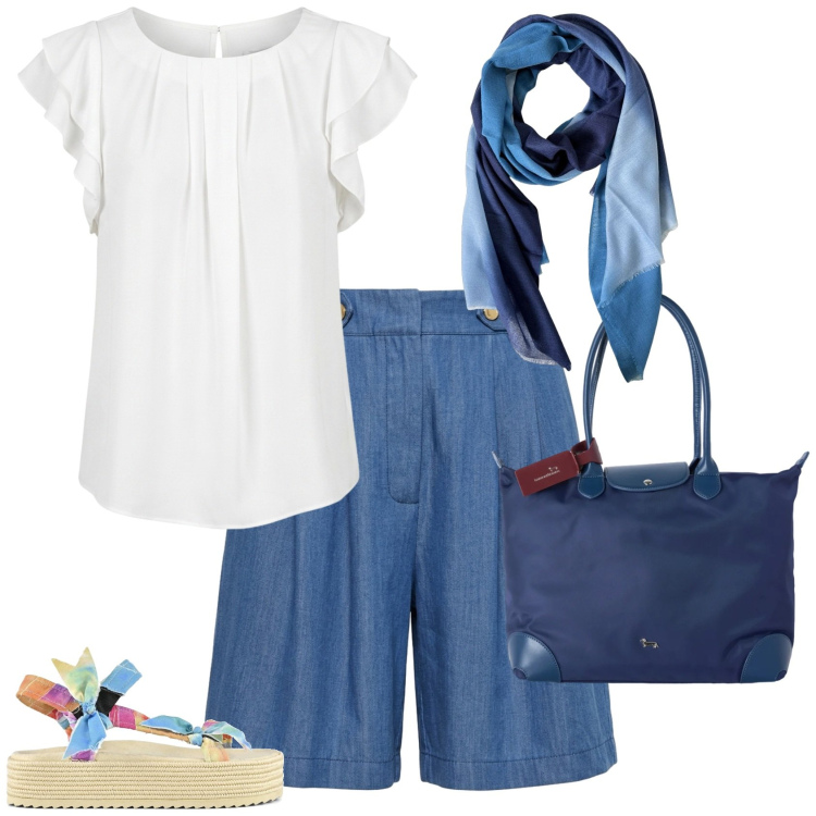Outfit donna - Casual chic ogni giorno. Stile Casual chic per Serata fuori. Abbinamento con shopping bag, bermuda, canottiere, foulard, sandali.