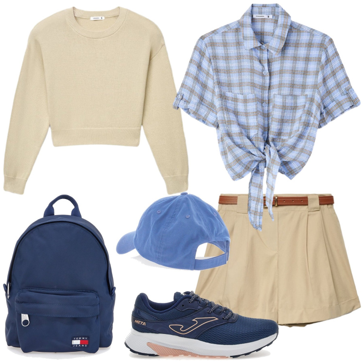Outfit donna - Total look #2444570. Stile Sporty chic per Tutti i giorni. Abbinamento con shorts, camicie a manica corta, maglieria, zaini, scarpe sportive, cappelli con visiera.