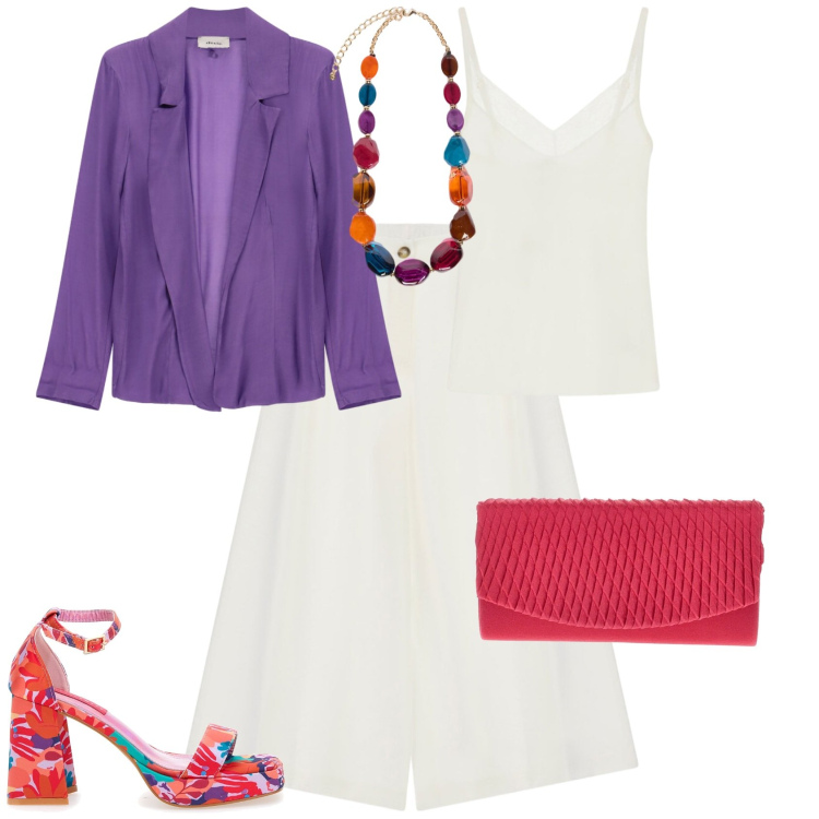 Outfit donna - Chic serata evento. Stile Chic per Serata fuori. Abbinamento con top, pantaloni a palazzo, blazer, collane, sandali col tacco, pochette.