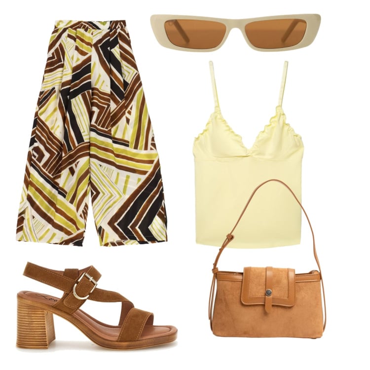 Outfit donna - Total look #2444581. Stile Casual chic per Serata fuori. Abbinamento con canottiere, pantaloni a palazzo, occhiali da sole, borse a tracolla, sandali col tacco.