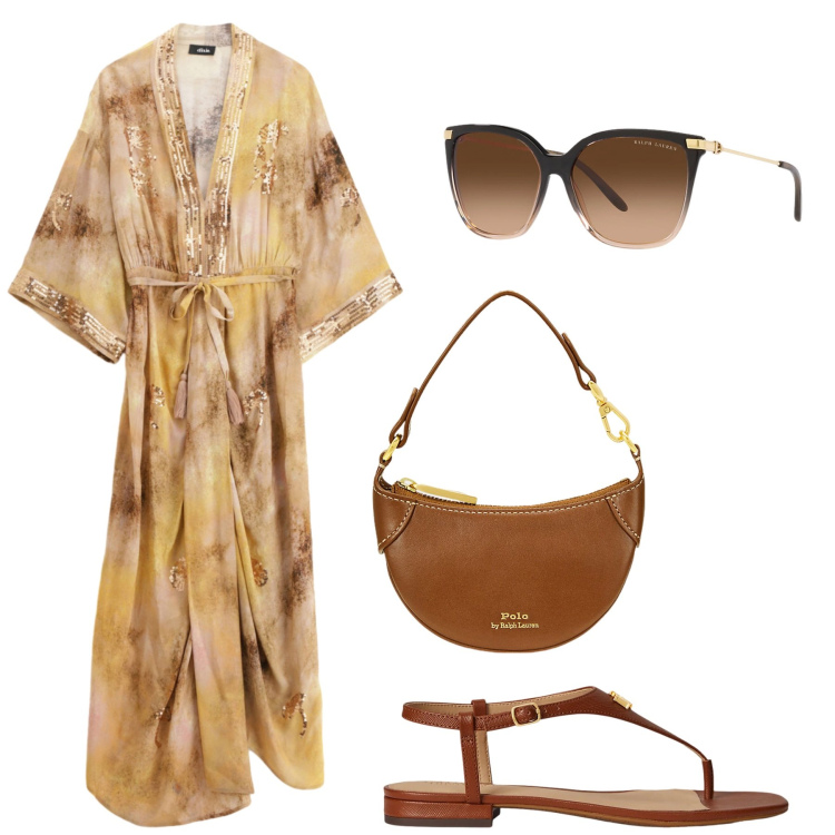 Outfit donna - Total look #2444582. Stile Chic per Mare. Abbinamento con vestiti lunghi, occhiali da sole, borse a tracolla, sandali in pelle.