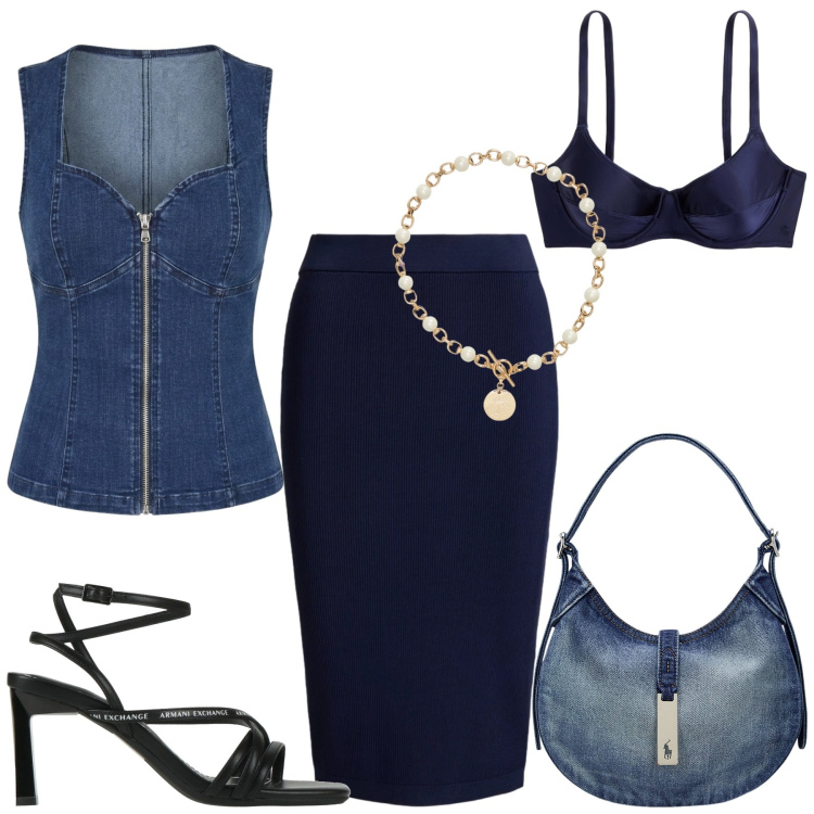 Outfit donna - Total look #2444583. Stile Sexy per Serata fuori. look ideale per Petite. Abbinamento con sandali col tacco, gilet, collane, borse a spalla, reggiseni, gonne.