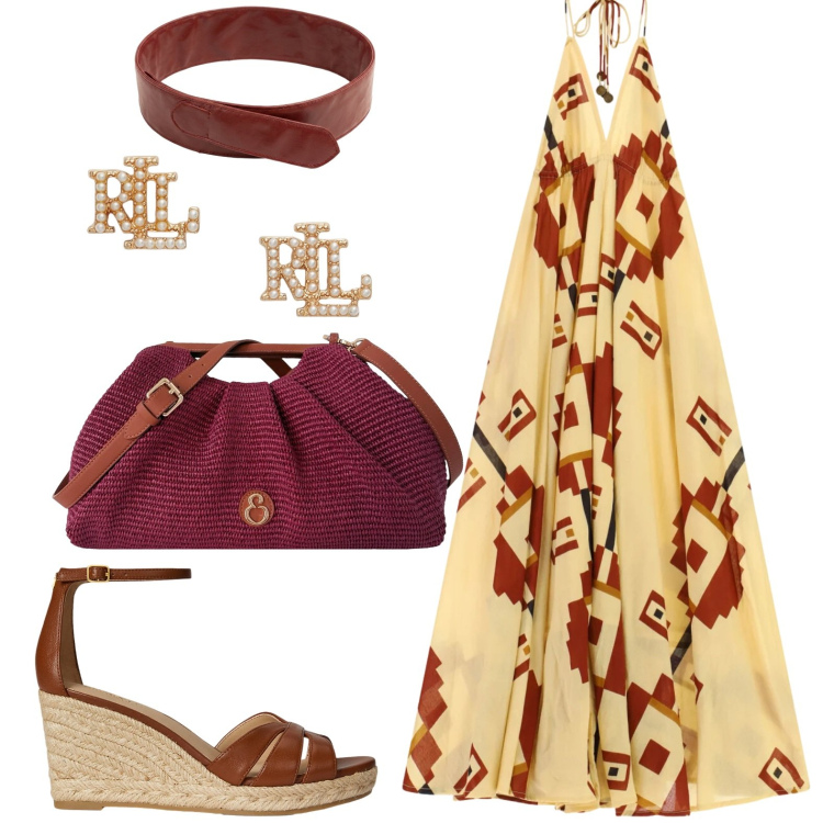 Outfit donna - Look fluido. Stile Casual per Tutti i giorni. Abbinamento con vestiti lunghi, cinture, orecchini, zeppe, clutch.