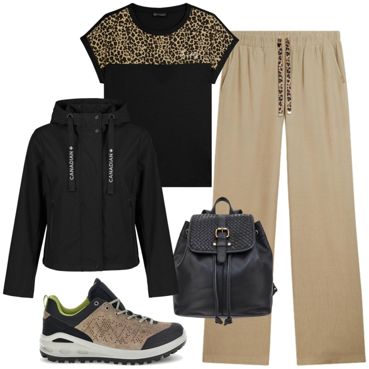 Outfit donna - Montagna. Stile Casual per Tutti i giorni. Abbinamento con pantaloni, t-shirt, blazer, zaini, scarpe sportive.