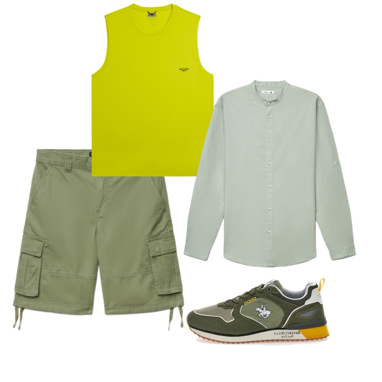 Outfit uomo - Colori accesi. Stile Casual per Tutti i giorni. Abbinamento con camicie, shorts, canottiere, sneakers.