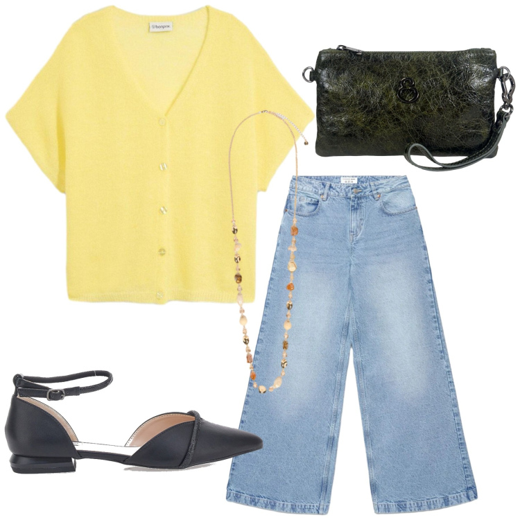 Outfit donna - Total look #2444601. Stile Bon Ton per Ufficio. Abbinamento con cardigans, jeans, collane, pochette, ballerine.