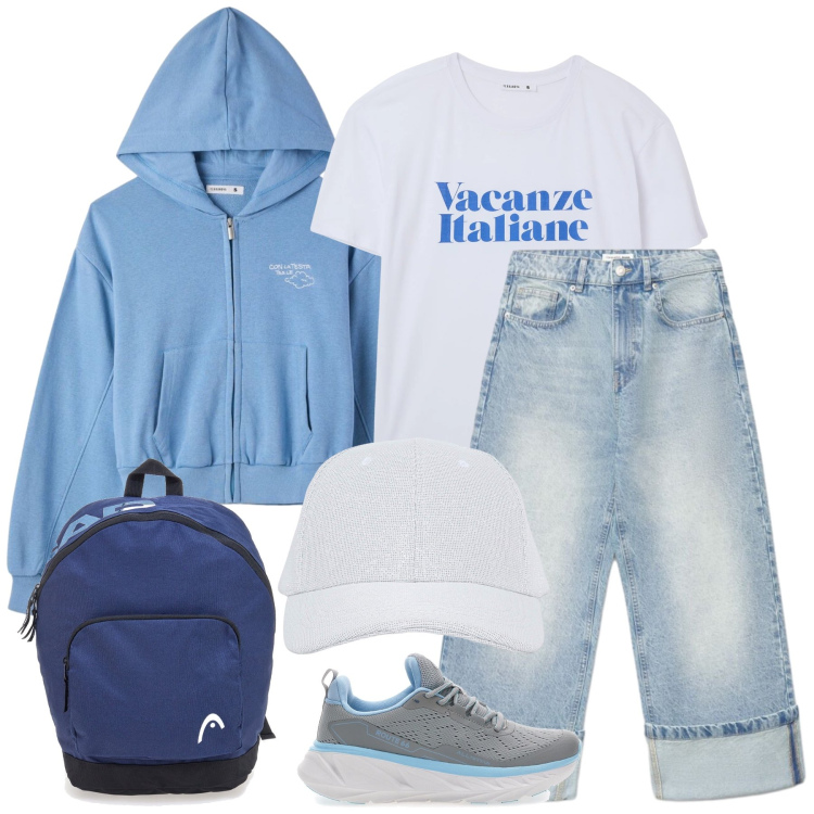 Outfit donna - Total look #2444606. Stile Sporty chic per Tutti i giorni. Abbinamento con cappelli con visiera, felpe con cappuccio, jeans, t-shirt, borse sportive, scarpe sportive.