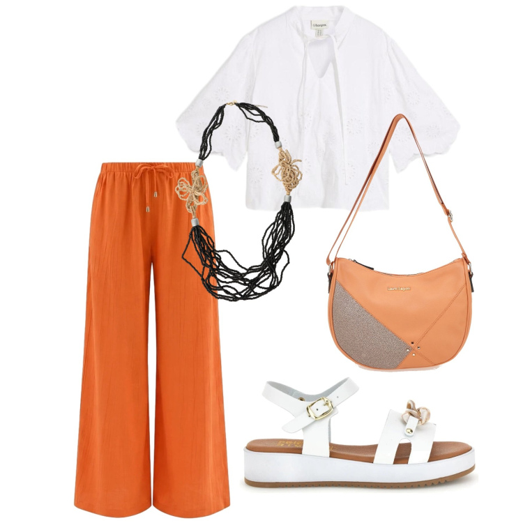 Outfit donna - Total look #2444607. Stile Trendy per Tutti i giorni. Abbinamento con tuniche, collane, pantaloni a palazzo, sandali, borse a tracolla.