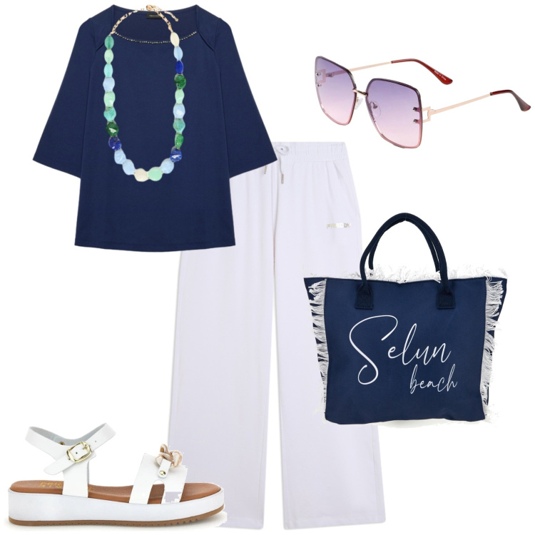 Outfit donna - Casual chic ogni giorno. Stile Casual chic per Tutti i giorni. Abbinamento con occhiali da sole, t-shirt, collane, pantaloni, shopping bag, sandali.