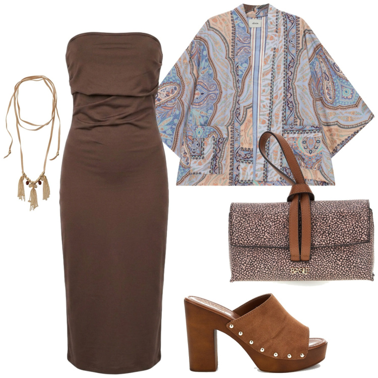 Outfit donna - Total look #2444615. Stile Glamour per Serata fuori. Abbinamento con collane, cappotti, vestiti midi/longuette, borse a tracolla, sandali col tacco.