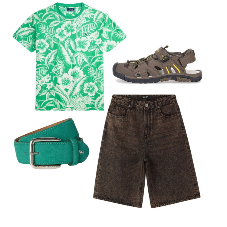 Outfit uomo - Colori accesi. Stile Casual per Tutti i giorni. Abbinamento con bermuda, cinture, t-shirt, sandali.