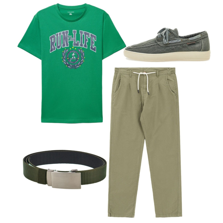 Outfit uomo - Total look. Stile Casual per Tutti i giorni. Abbinamento con t-shirt, pantaloni, cinture, scarpe stringate.
