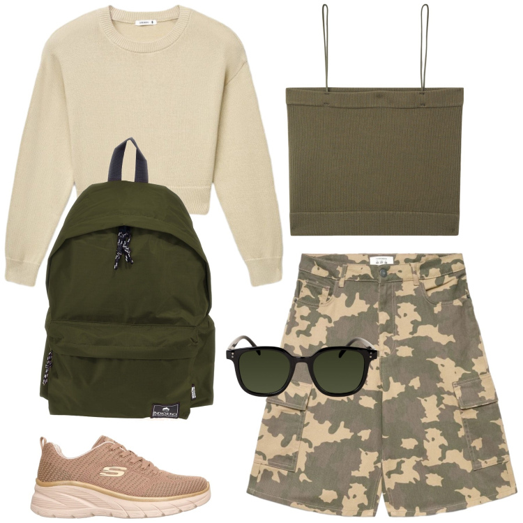 Outfit donna - Total look #2444621. Stile Sporty chic per Tutti i giorni. Abbinamento con pantaloni corti, top, maglieria, occhiali da sole, scarpe sportive, zaini.