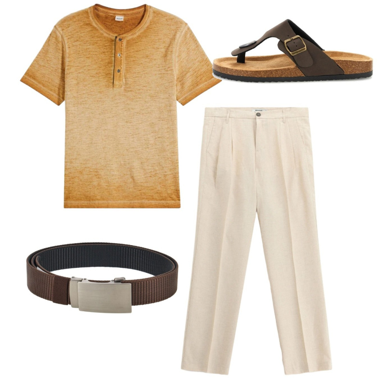 Outfit uomo - Total look. Stile Casual per Tutti i giorni. Abbinamento con t-shirt, pantaloni, cinture, sandali.