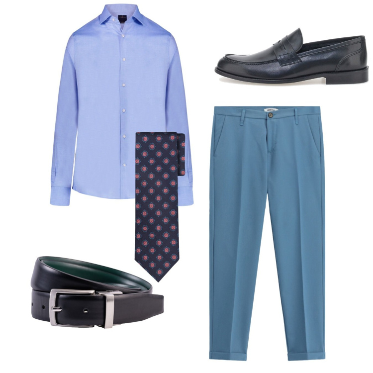 Outfit uomo - Total look. Stile Business/Elegante per Ufficio. Abbinamento con pantaloni, camicie, cinture, cravatte, scarpe stringate.
