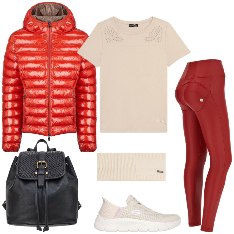 Outfit donna - Total look #2444626. Stile Sporty chic per Tutti i giorni. Abbinamento con pantaloni skinny, t-shirt, accessori per capelli, blazer, scarpe sportive, zaini.