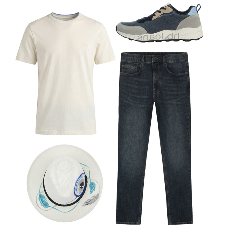 Outfit uomo - Total look. Stile Casual per Tutti i giorni. Abbinamento con t-shirt, sneakers, jeans, cappelli.