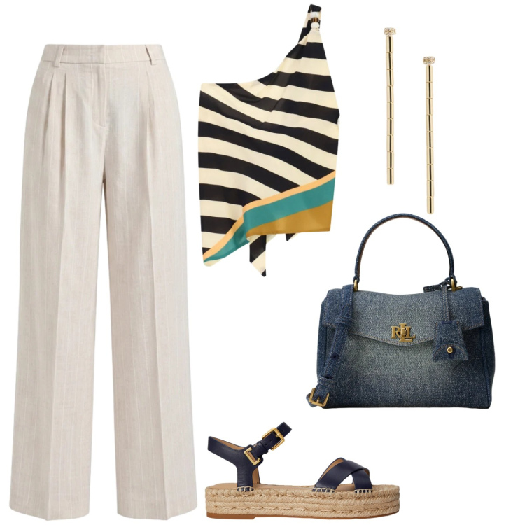 Outfit donna - Aperitivo elegante. Stile Casual chic per Tutti i giorni. Abbinamento con top, pantaloni, borse a mano, espadrillas, orecchini.