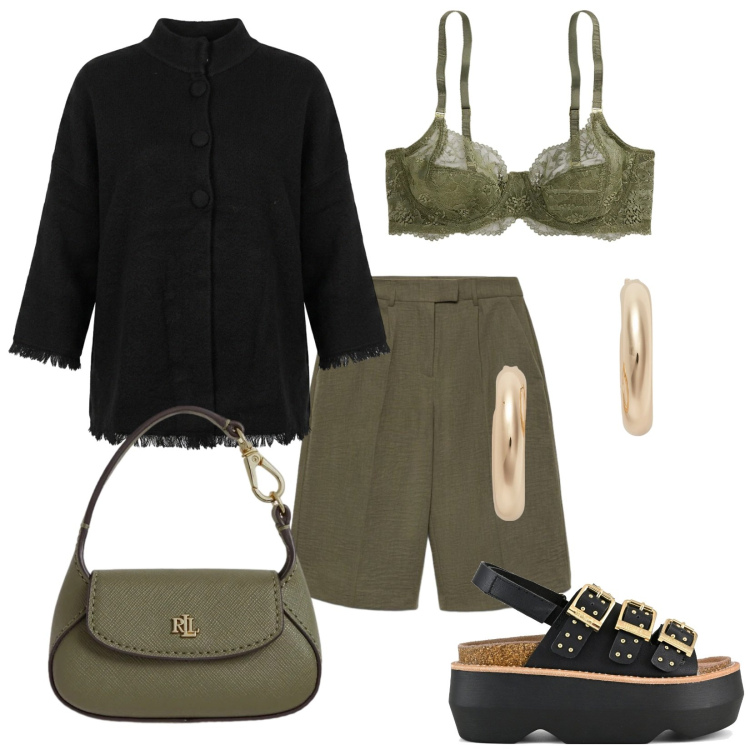 Outfit donna - Total look #2444632. Stile Casual chic per Serata fuori. Abbinamento con bermuda, cardigans, orecchini, reggiseni, borse a mano, sandali col tacco.