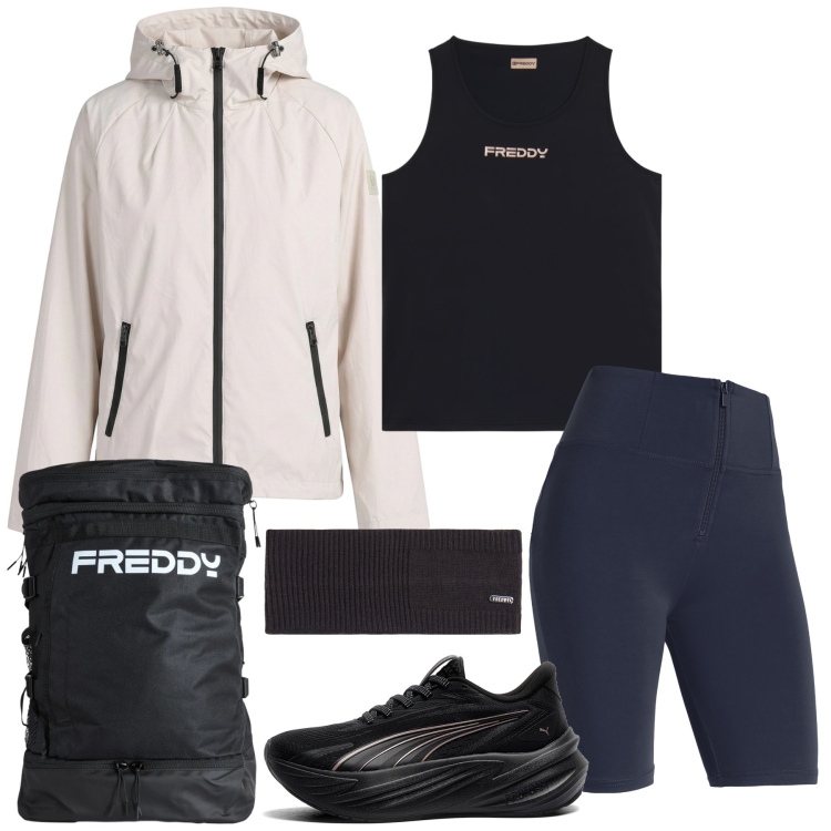 Outfit donna - Total look #2444635. Stile Sporty chic per Tutti i giorni. Abbinamento con canottiere, pantaloni skinny, zaini, accessori per capelli, blazer, scarpe sportive.