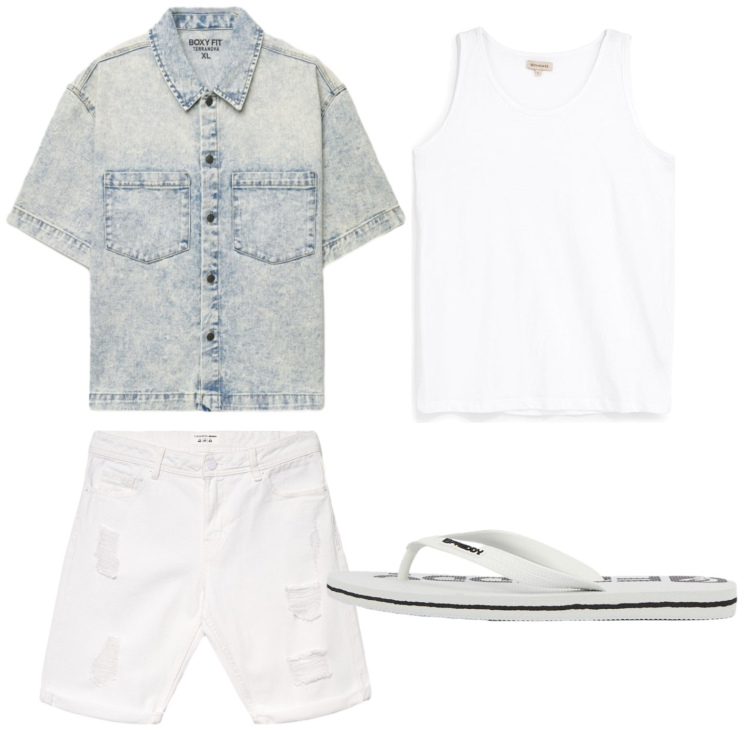 Outfit uomo - Bianco sotto. Stile Casual per Mare. Abbinamento con camicie a manica corta, bermuda, sandali, canottiere.